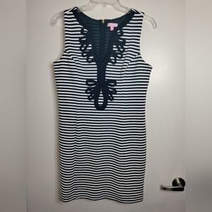 Lilly Pulitzer (Size XL) Navy Blue & White Striped Embroidered V-Neck Knit Dress